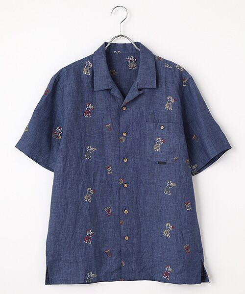 PAPAS/パパス フレンチリネン HAWAIIAN BEAR 刺繍シャツ ネイビーブルー M PAPAS/パパス フレンチリネン HAWAIIAN BEAR 刺繍シャツ ネイビーブルー M