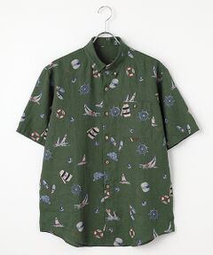 PAPAS / パパス シャツ・ブラウス | リネンプリント MARINE柄 半袖シャツ