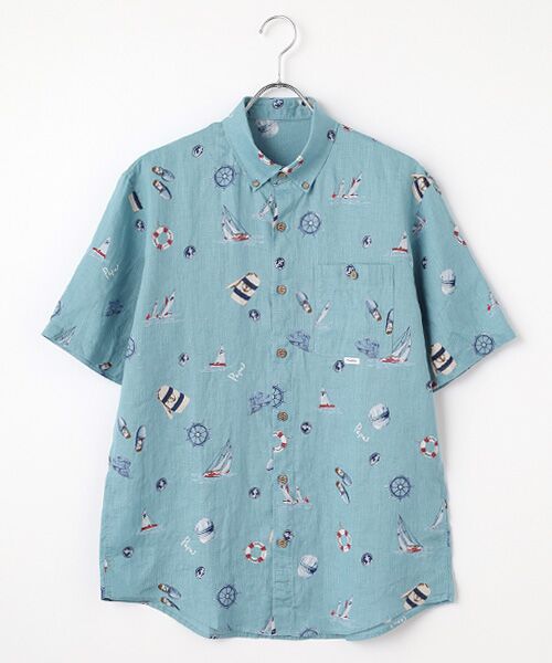 PAPAS/パパス リネンプリント MARINE柄 半袖シャツ ターコイズブルー L PAPAS/パパス リネンプリント MARINE柄 半袖シャツ ターコイズブルー L