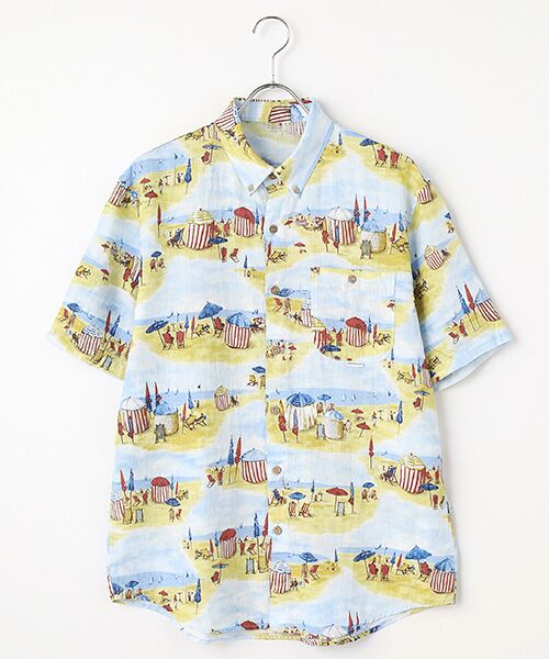 PAPAS/パパス リネンプリント ドービルビーチ 半袖シャツ ブルー系 M PAPAS/パパス リネンプリント ドービルビーチ 半袖シャツ ブルー系 M