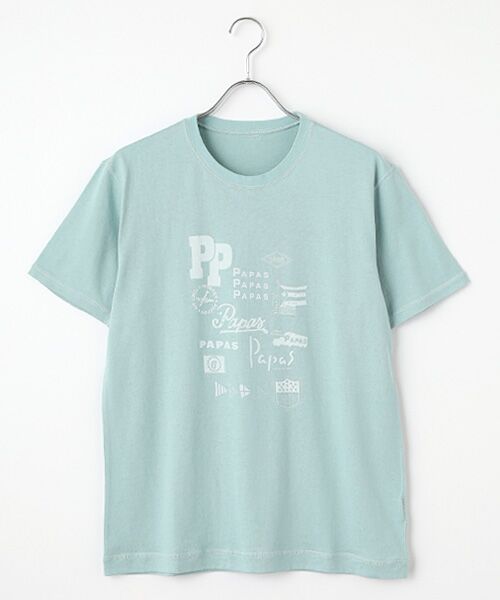 PAPAS / パパス Tシャツ | 38/2KKヴィンテージ天竺 モチーフコラージュ プリントTシャツ(ベビーブルー)