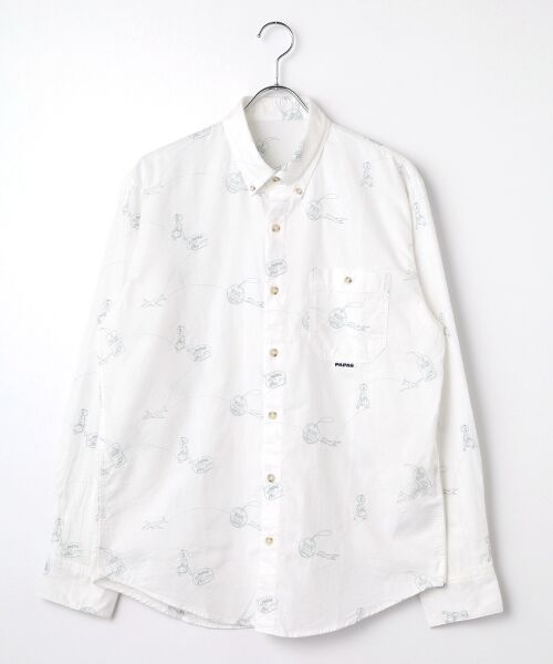 PAPAS/パパス カシミヤタッチオックス トラベル柄刺繍 長袖シャツ シロ LL PAPAS/パパス カシミヤタッチオックス トラベル柄刺繍 長袖シャツ シロ LL