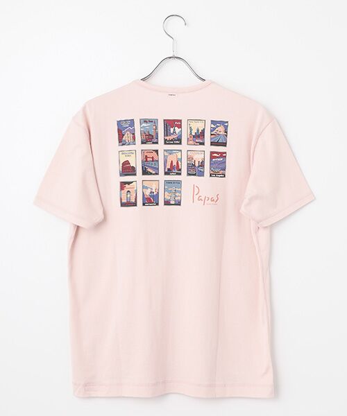 PAPAS/パパス 40/2天竺 世界の名所 プリントTシャツ ベビーピンク LL