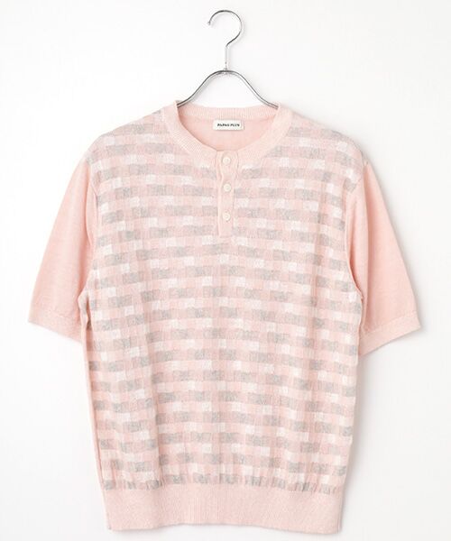 PAPAS / パパス ニット・セーター | リネンブロックチェックジャガード12G 半袖セーター（ピンク）
