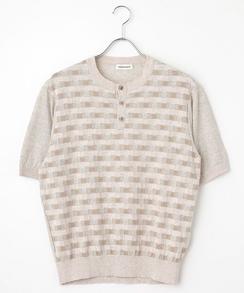 PAPAS/パパス リネンブロックチェックジャガード12G 半袖セーター ベージュ M