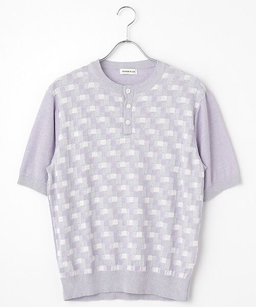 PAPAS/パパス リネンブロックチェックジャガード12G 半袖セーター パープル M