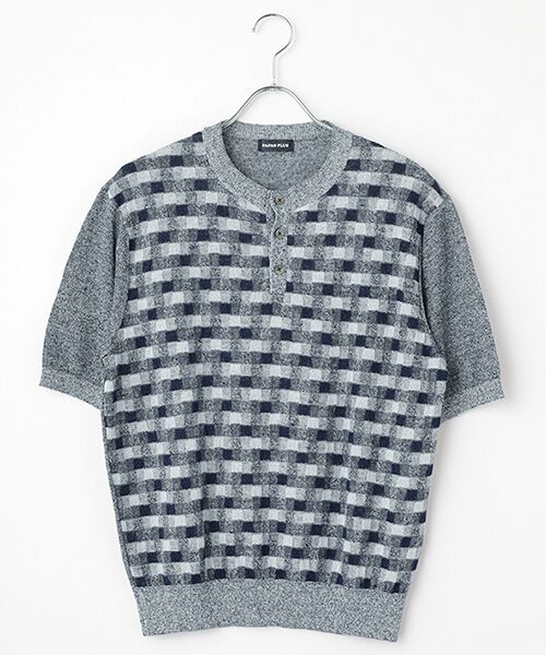 PAPAS / パパス ニット・セーター | リネンブロックチェックジャガード12G 半袖セーター（ブルー）