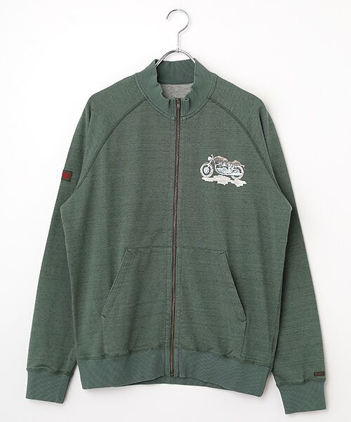 PAPAS/パパス インディゴ風ミニ裏毛 バイク&ロゴプリント ブルゾン ボトルグリーン M PAPAS/パパス インディゴ風ミニ裏毛 バイク&ロゴプリント ブルゾン ボトルグリーン M