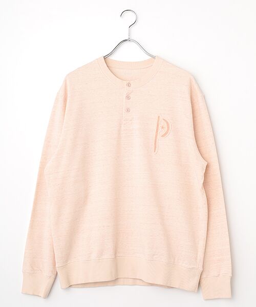 PAPAS/パパス インディゴ風ミニ裏毛 刺繍ワッペン トレーナー ピンク L