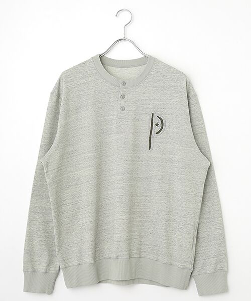 PAPAS/パパス インディゴ風ミニ裏毛 刺繍ワッペン トレーナー グレー L