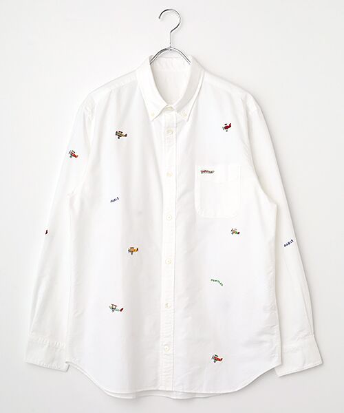PAPAS/パパス コットンオックスフォード 複葉機柄 刺繍シャツ シロ LL PAPAS/パパス コットンオックスフォード 複葉機柄 刺繍シャツ シロ LL
