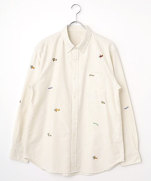 PAPAS/パパス コットンオックスフォード 複葉機柄 刺繍シャツ ライトベージュストライプ M PAPAS/パパス コットンオックスフォード 複葉機柄 刺繍シャツ ライトベージュストライプ M