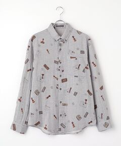 PAPAS / パパス シャツ・ブラウス | コットンダブルガーゼ スタンプ柄 プリントシャツ