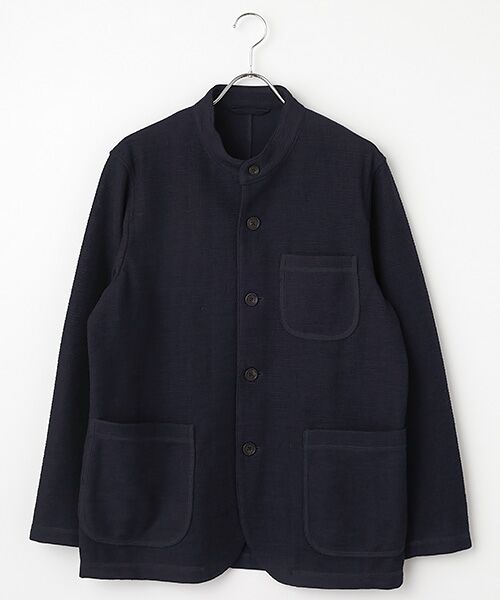 PAPAS/パパス 針抜きリップル スタンドカラー カットソージャケット ネイビー M