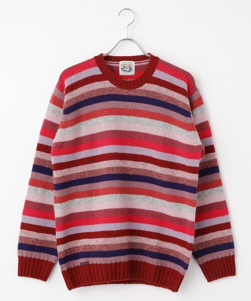 PAPAS/パパス フェアアイル マルチボーダー 5G クルーネックセーター レッド系マルチボーダー M