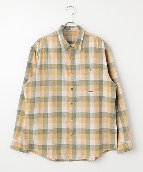 PAPAS/パパス カラー杢コットンチェック両面起毛 シャツ ベージュ×イエロー×グリーン L