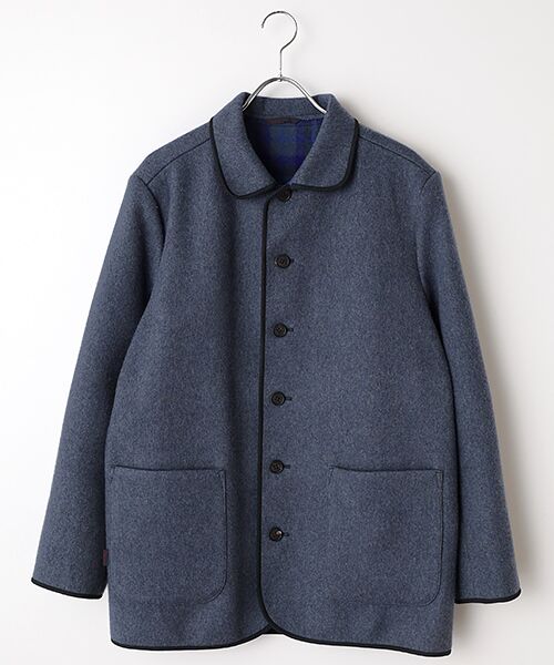 PAPAS/パパス ウール接結リバー無地×チェック カバーオール グレイッシュネイビー M