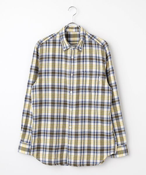 PAPAS/パパス コットンメランジネル起毛チェック ボタンダウンシャツ オフ×ブルー L PAPAS/パパス コットンメランジネル起毛チェック ボタンダウンシャツ オフ×ブルー L