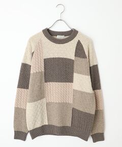 PAPAS / パパス ニット・セーター | 4種4色ケーブル パッチワーク風 7G クルーネックセーター