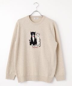 ウールニットインターシャ7G ネコ柄 クルーネックセーター