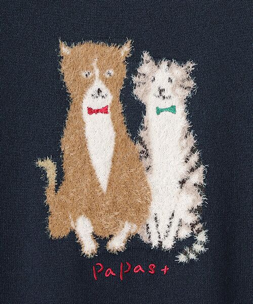 PAPAS / パパス ニット・セーター | ウールニットインターシャ7G ネコ柄 クルーネックセーター | 詳細9