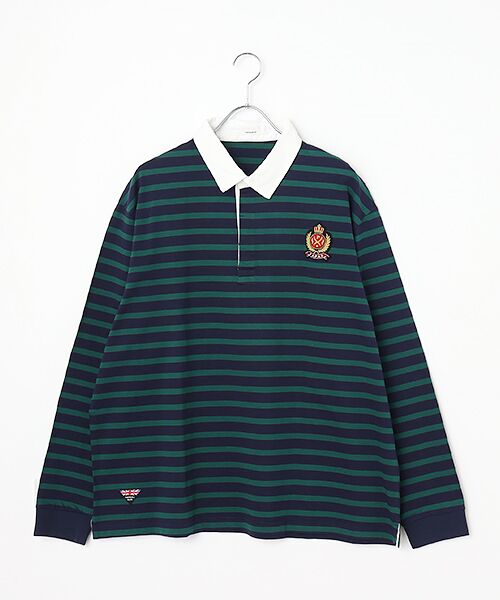 PAPAS / パパス ポロシャツ | バスク天竺ボーダー ラガーシャツ（ネイビー×グリーン）