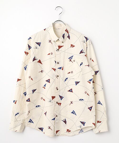 PAPAS / パパス シャツ・ブラウス | コットンサッカープリント マリン柄 ボタンダウン長袖シャツ（オフ）