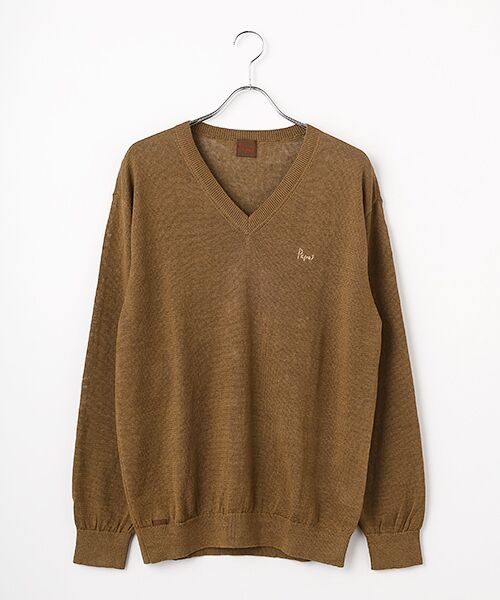PAPAS / パパス ニット・セーター | ユーロリネン天竺10G Vネックセーター（コーヒーブラウン）