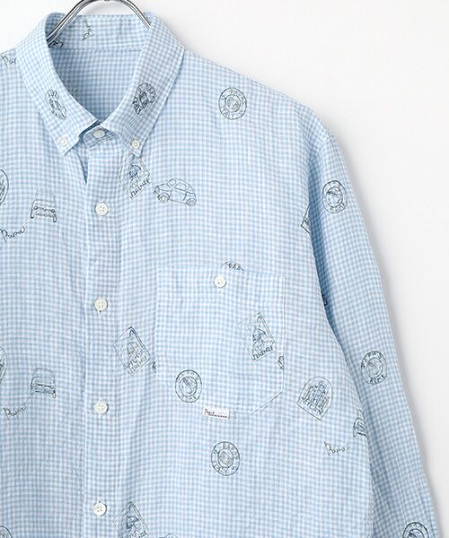 PAPAS / パパス シャツ・ブラウス | リネン ストライプ&チェック 車&ポスター 刺繍シャツ | 詳細2