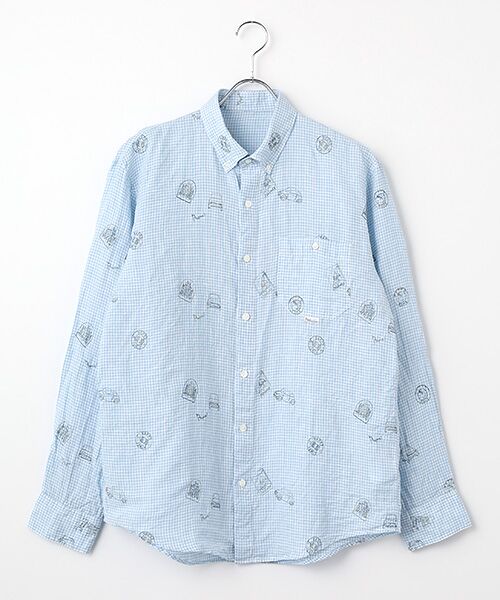 PAPAS / パパス シャツ・ブラウス | リネン ストライプ&チェック 車&ポスター 刺繍シャツ（オフ×サックスギンガム）