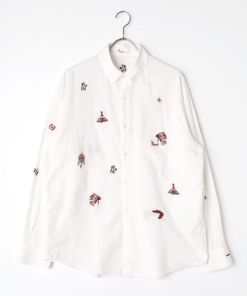 PAPAS / パパス シャツ・ブラウス | ビエラ起毛 インディアン飛び柄 刺繍シャツ（シロ）