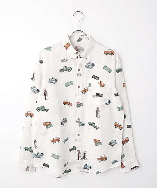 PAPAS / パパス シャツ・ブラウス | フレンチリネンシャンブレー ピックアップトラック プリントシャツ（シロ）