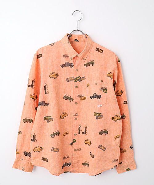 PAPAS / パパス シャツ・ブラウス | フレンチリネンシャンブレー ピックアップトラック プリントシャツ（オレンジ）