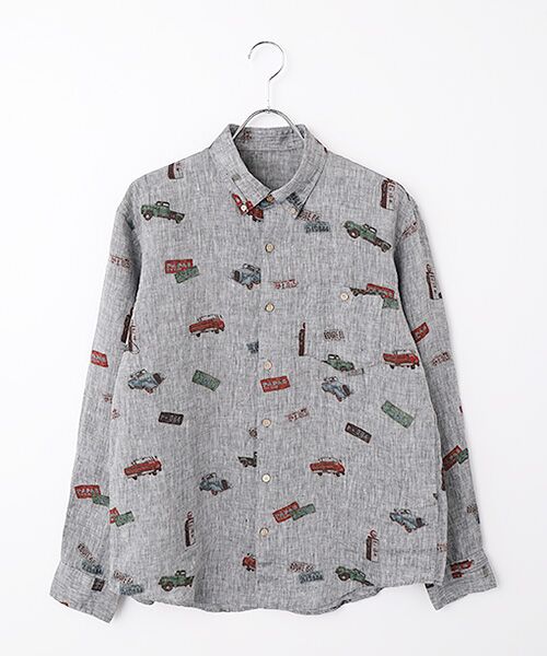 PAPAS / パパス シャツ・ブラウス | フレンチリネンシャンブレー ピックアップトラック プリントシャツ（クロ）