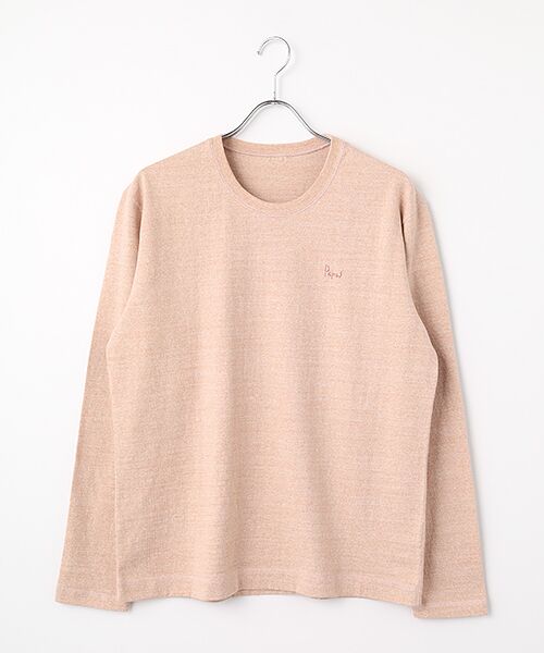 PAPAS / パパス Tシャツ | ラフィ吊り天竺 Papasロゴ クルーネック長袖Tシャツ（ＴＯＰアプリコットピンク）