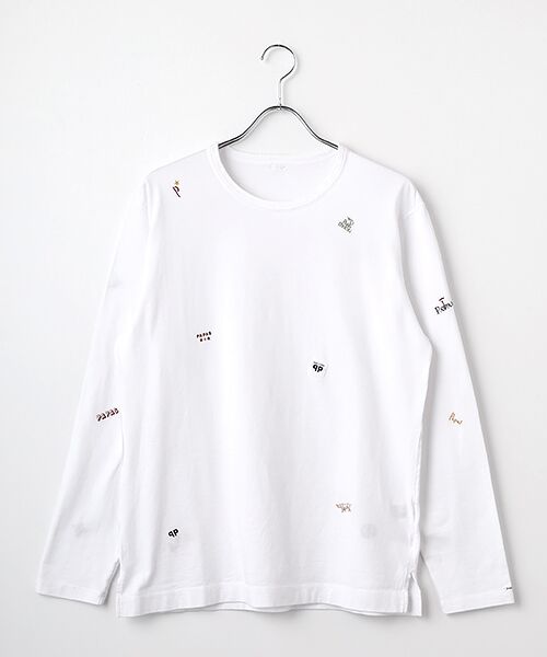 PAPAS / パパス Tシャツ | マイルド天竺 モチーフ刺繍&ネーム 長袖Tシャツ（シロ）