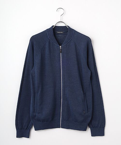 PAPAS / パパス ブルゾン | リネン/ポリエステル リブ衿ニットブルゾン（ネイビー）