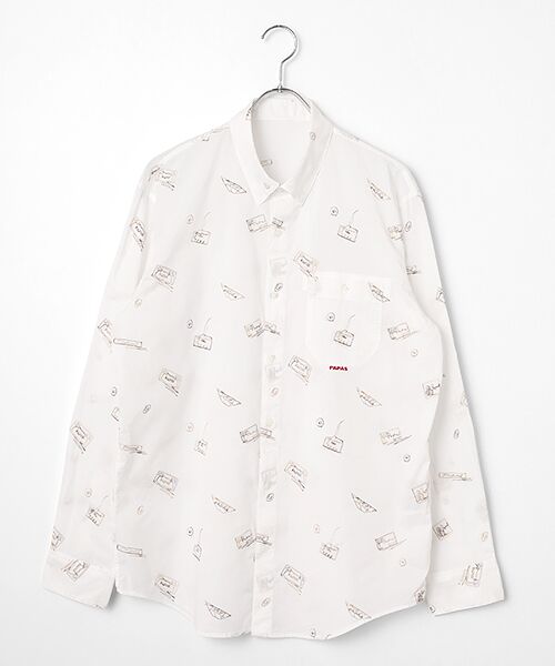 PAPAS / パパス シャツ・ブラウス | コットンガーゼ タグ＆ボタン 刺繍シャツ（シロ）