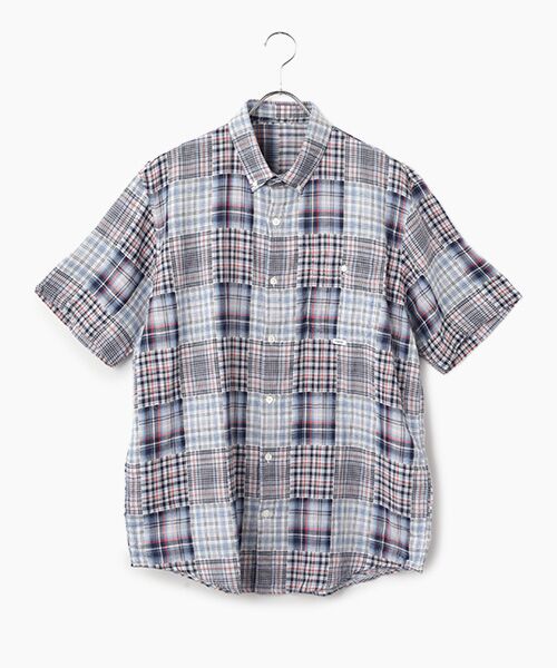 PAPAS / パパス シャツ・ブラウス | コットンガーゼパッチワーク風チェック 半袖シャツ（ブルー×アカ）