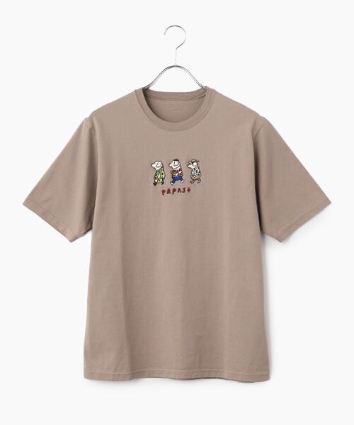 PAPAS / パパス Tシャツ | 40/2CLASSIC天竺 ドッグモチーフ プリントTシャツ（グレージュ）