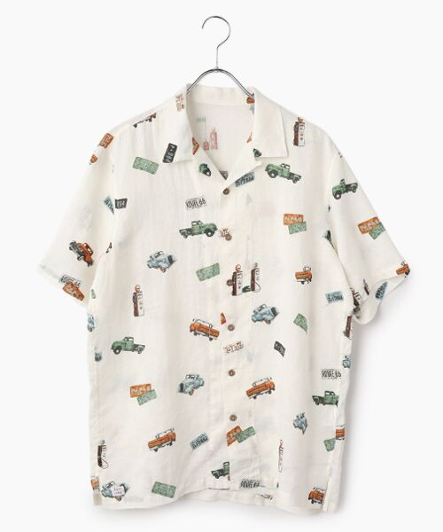 PAPAS / パパス シャツ・ブラウス | Papas40周年記念フレンチリネンシャンブレーPICKUPTRUCKプリント半袖シャツ（シロ）
