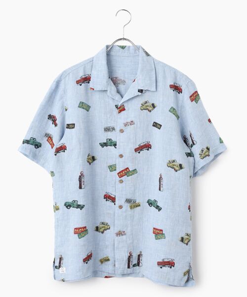 PAPAS / パパス シャツ・ブラウス | Papas40周年記念フレンチリネンシャンブレーPICKUPTRUCKプリント半袖シャツ（サックス）