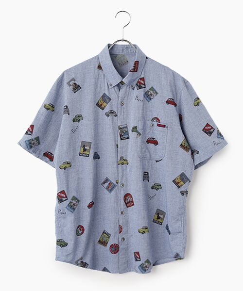 PAPAS / パパス シャツ・ブラウス | 40/1ガーゼCAR&ポスタープリント半袖シャツ（ブルー）