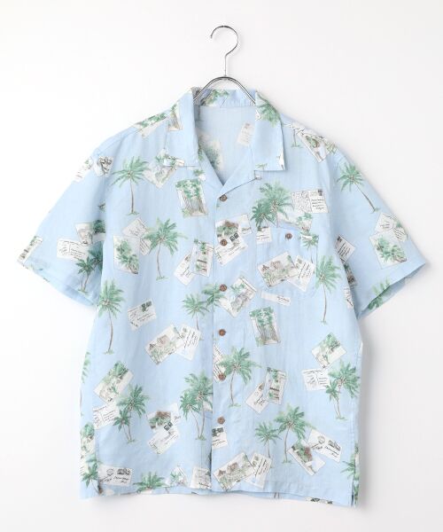 PAPAS / パパス シャツ・ブラウス | 60/1リネン パームツリー&ポストカードプリント半袖シャツ（サックス）