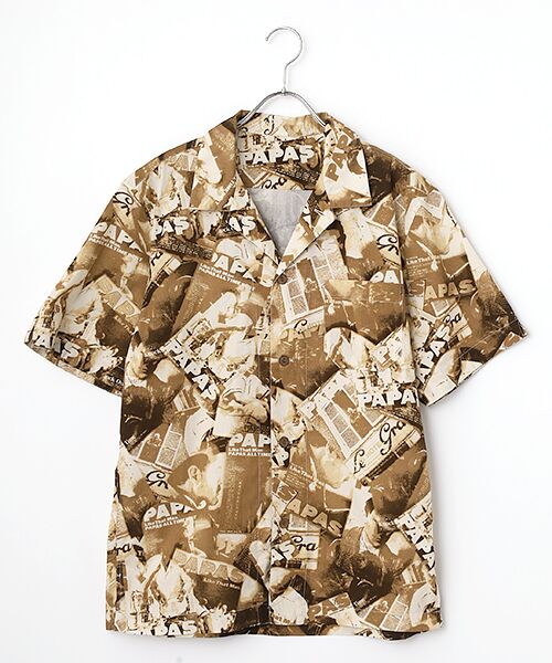 PAPAS / パパス シャツ・ブラウス | 50/1ブロード PAPAS BOOKプリント半袖シャツ（ブラウン系）