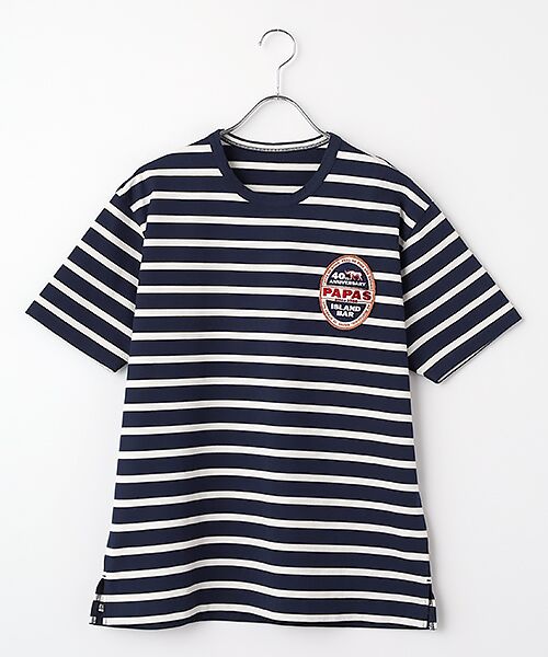 PAPAS / パパス Tシャツ | Papas40周年記念 先染ボーダー ワッペンＴシャツ（ネイビー×シロ）