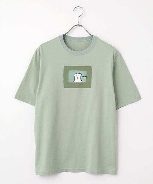 PAPAS / パパス Tシャツ | CLASSIC天竺 クマモチーフ 半袖Ｔシャツ（ペールグリーン）