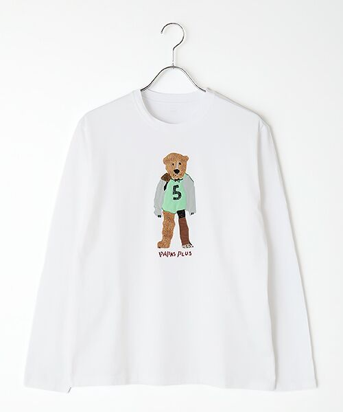 PAPAS / パパス Tシャツ | クマモチーフ 長袖Tシャツ（オフシロ）