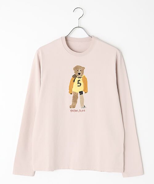 PAPAS / パパス Tシャツ | クマモチーフ 長袖Tシャツ（ピンク）