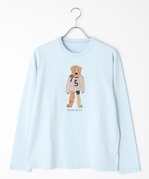 PAPAS / パパス Tシャツ | クマモチーフ 長袖Tシャツ（サックス）